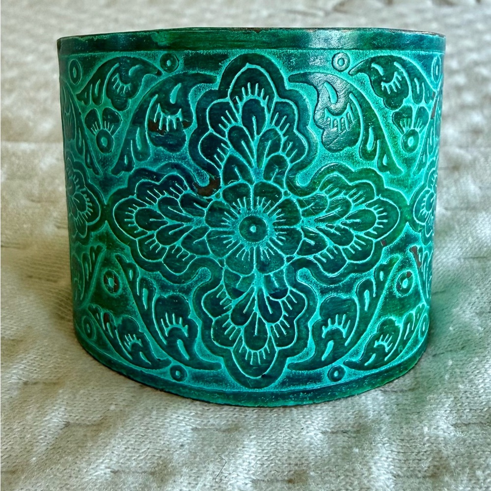 Anthropologie Wide Copper Cuff Bracelet | Turquoise Patina | Boho Floral Mandala